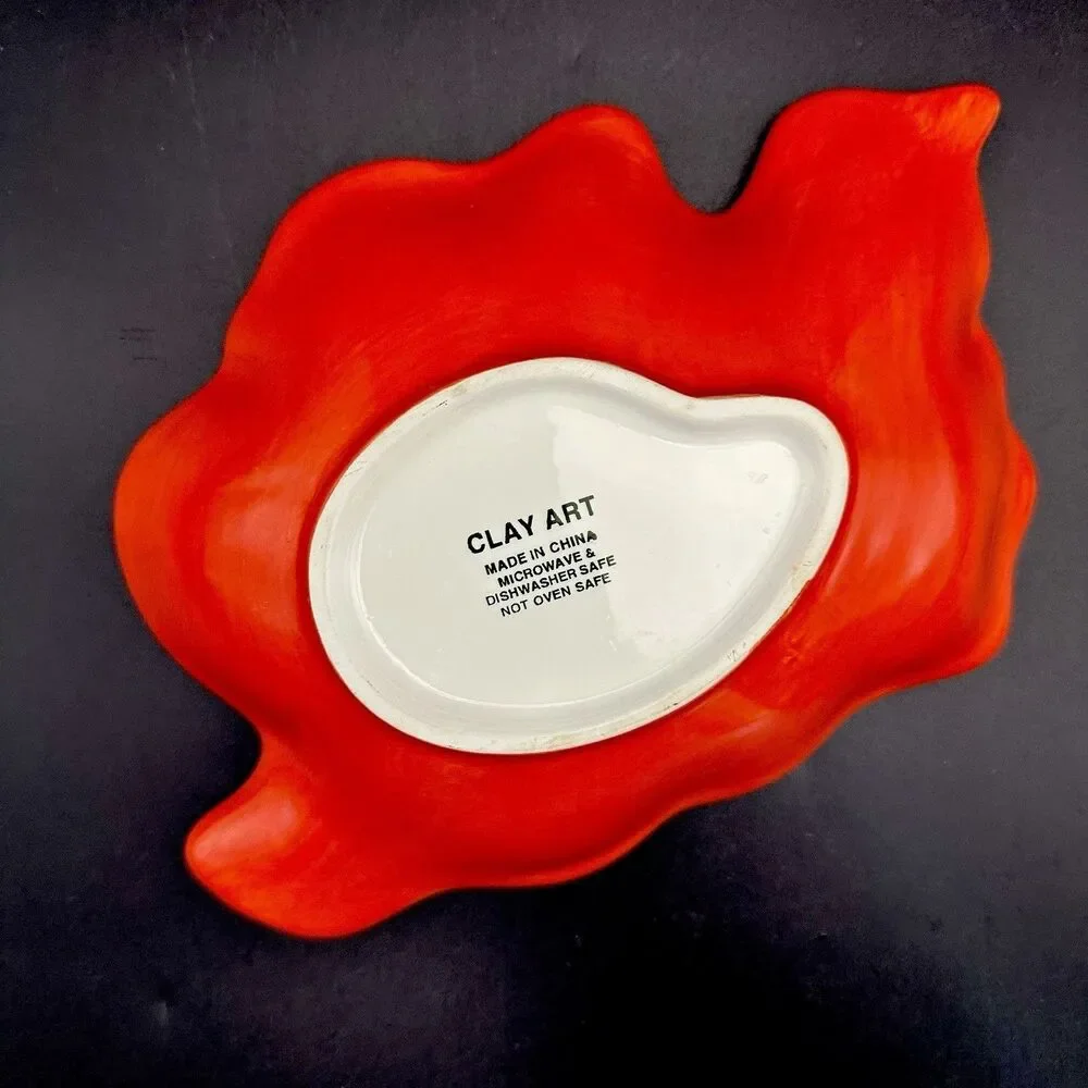 Vintage Clay Art Poppies Red Flower Shaped Ceramic Serving Bowl Dish 10.5”
